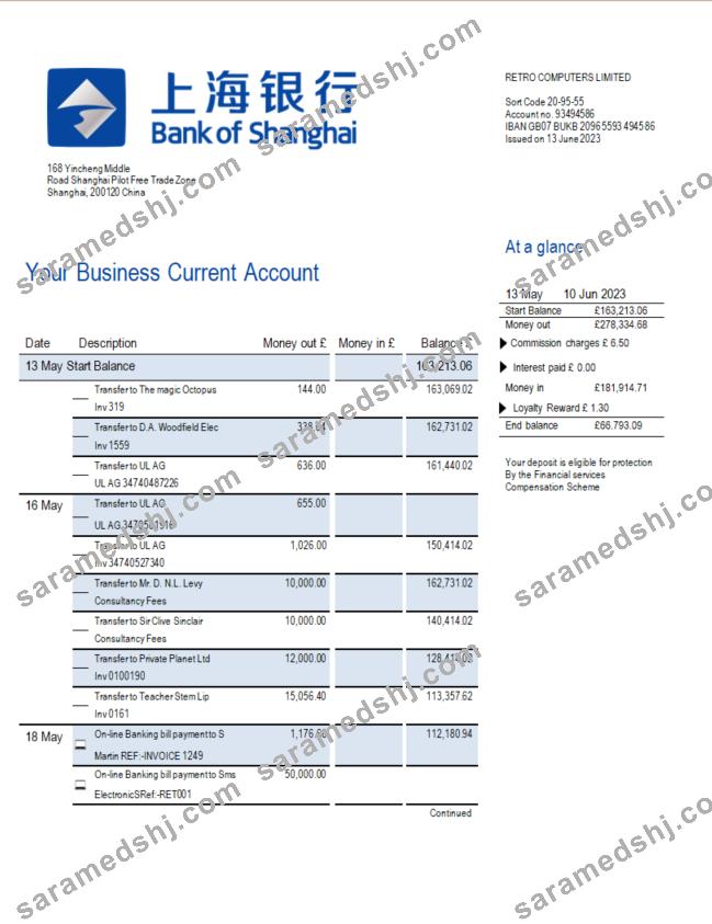Bank of Shanghai firm account statement Word and PDF template